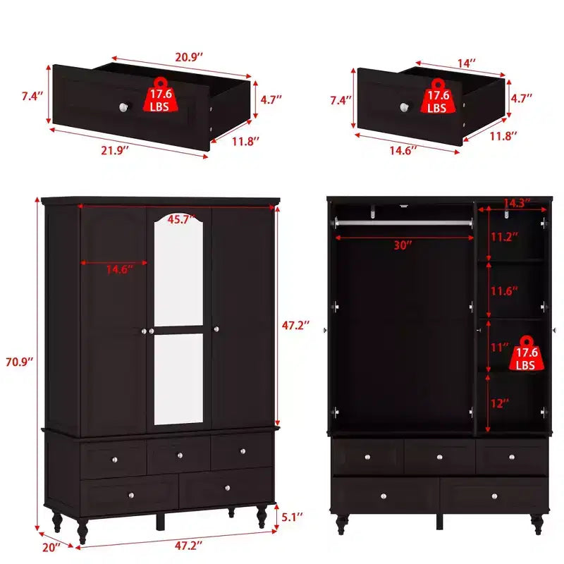 Wardrobe with Mirror 3 Doors 5 Drawers Classic Style
