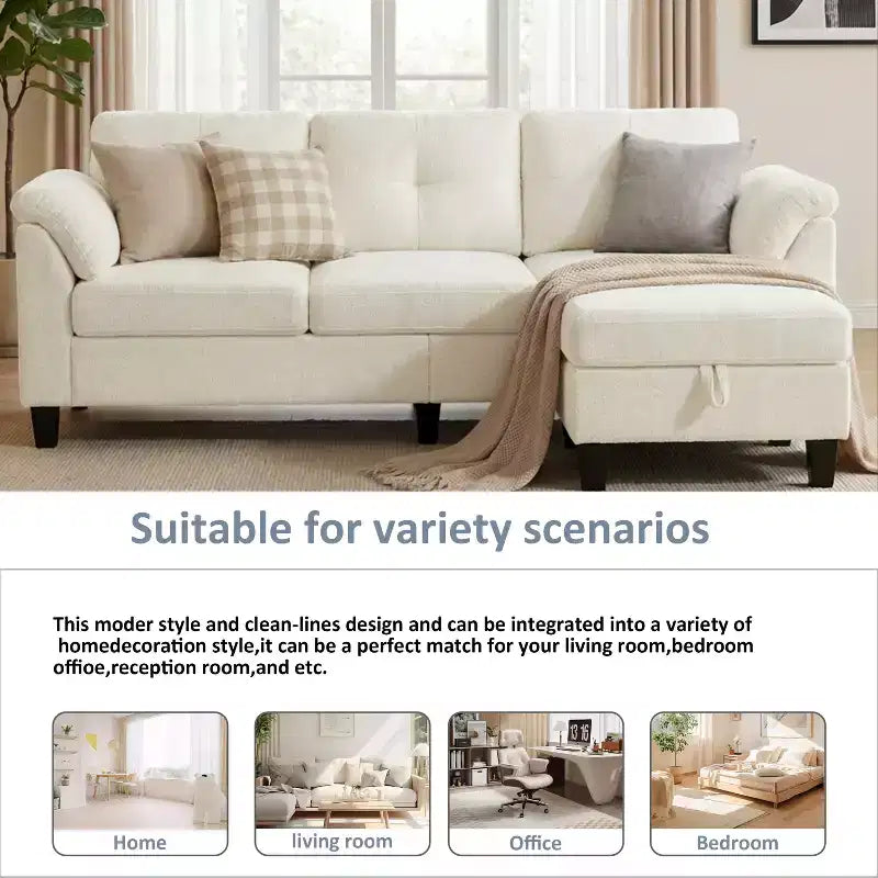 76.4-Inch Modern Three-Seater Sofa with Armrests and Pillows in Chenille Beige