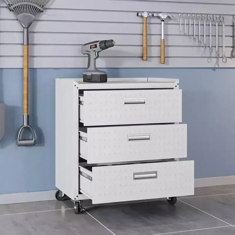 Manhattan Comfort Fortress 3pc Mobile Space Saving Garage Cabinet and Worktable Set 3.0 White