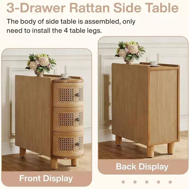 Lantine Solid Wood End Table with 3 Rattan Drawers and Exquisite Embossed Handles, No Assembly Required