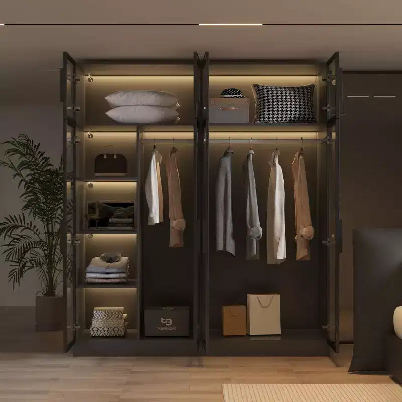 118" Floor-to-Ceiling Black Armoire Wardrobe with 3-Color LED Lights & Tempered Glass Doors