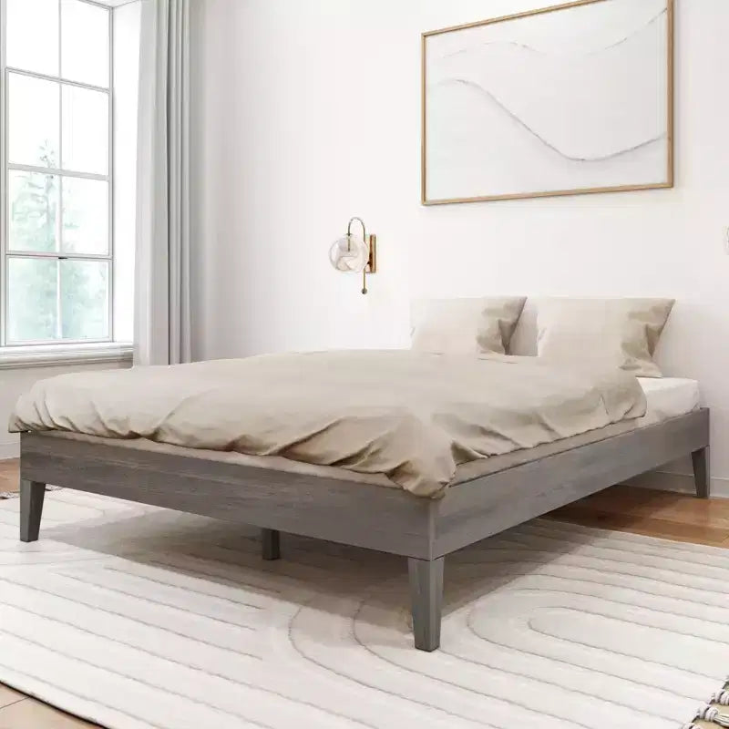 Solid Wood Queen Platform Bed Frame with Pine Slats, 14"H, 750 lb Capacity, No Box Spring Needed