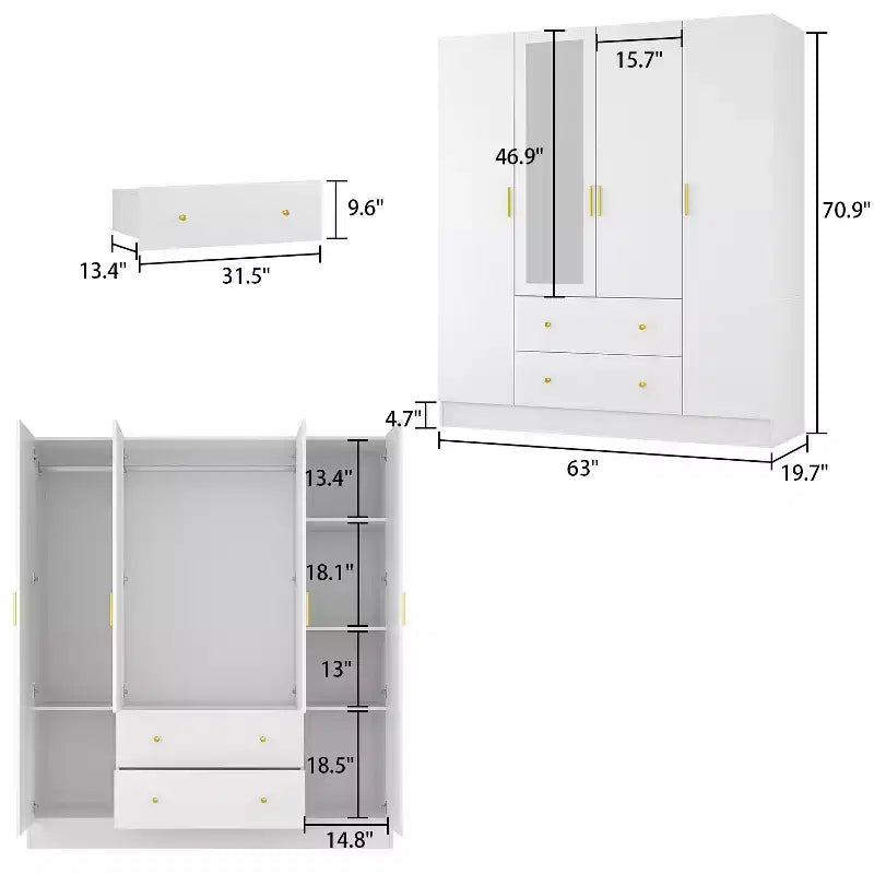 Modern Wardrobe with Mirror Closet Organization Armoire: Sturdy Rails, Smooth Drawers Practical & Stylish