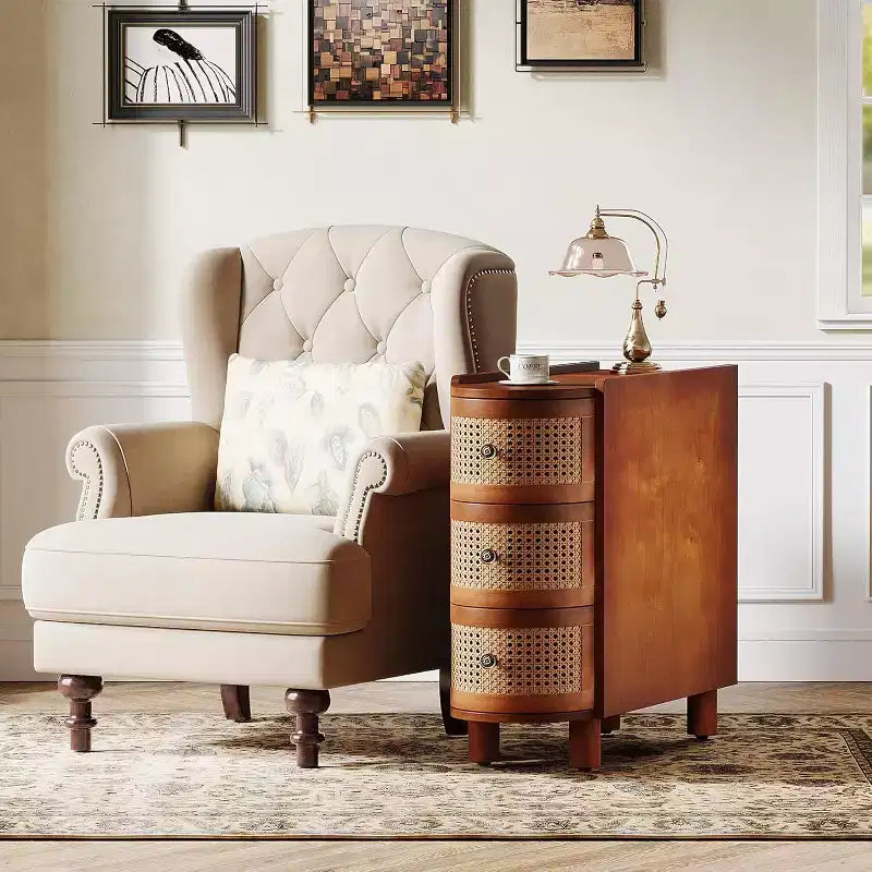 Lantine Solid Wood End Table with 3 Rattan Drawers and Exquisite Embossed Handles, No Assembly Required