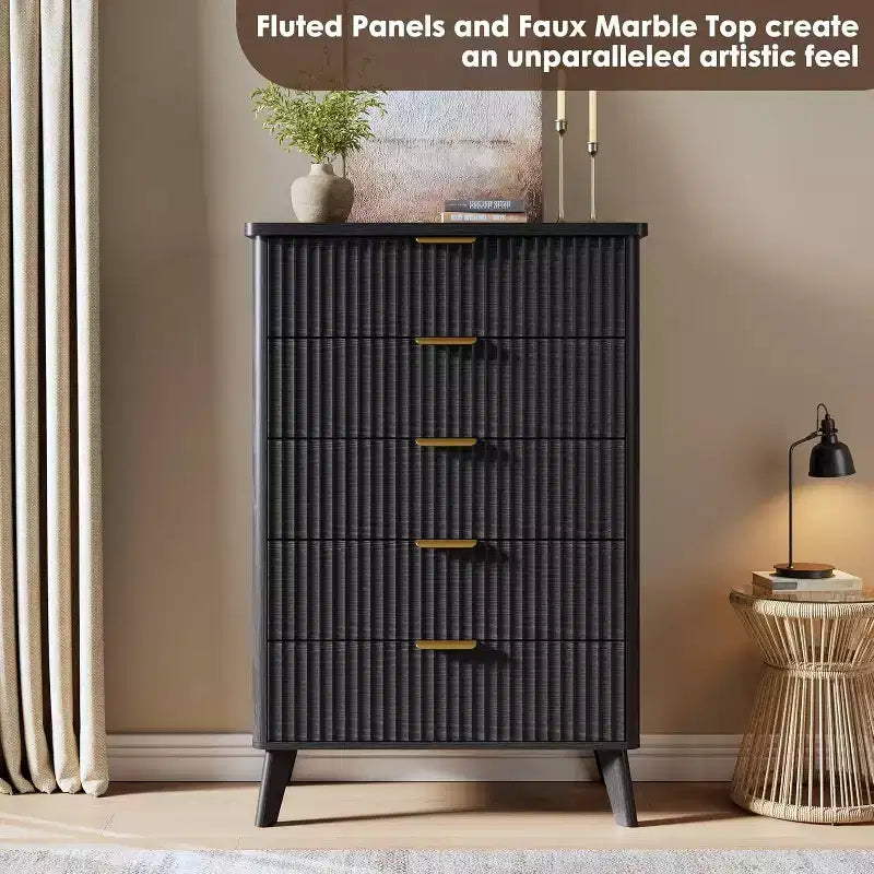 5-Drawer Fluted Dresser, 47.2-Inch Tall Chest of Drawers, Curved Design