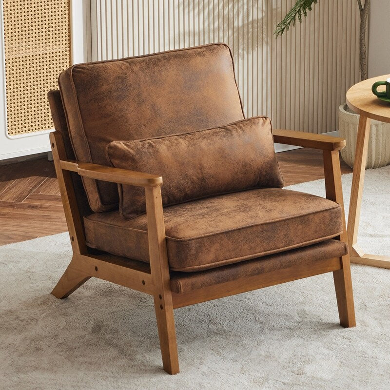 Upholstered Linen Blend Accent Chair with Wooden Legs and One Pillow Beige
