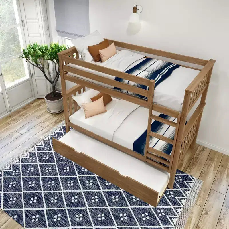 Twin over Twin Bunk Bed with Trundle, Solid Wood, Sleeps 3 – Blue / Espresso / Natural / Pecan / Walnut / White