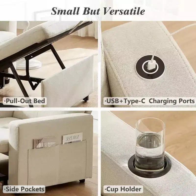 42.5" 3-in-1 Convertible Sleeper Chair Bed with Adjustable Backrest and Side Pockets