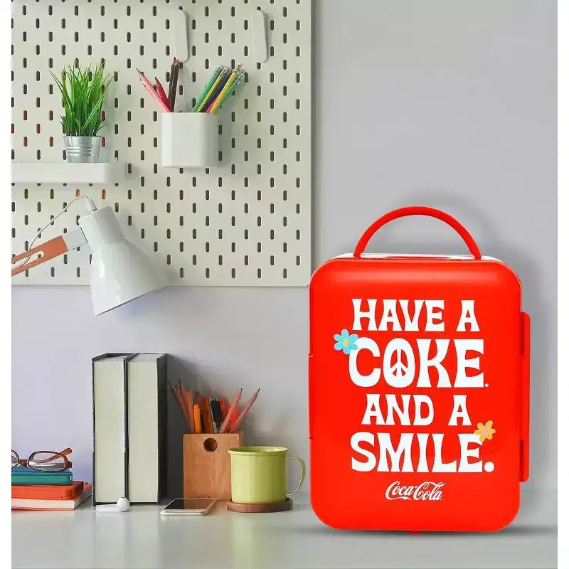 Coca-Cola Smile 1971 Series 4L Cooler/Warmer 12V DC 110V AC Mini Fridge: Dorm Beverage Refrigerator, 6 Can Capacity