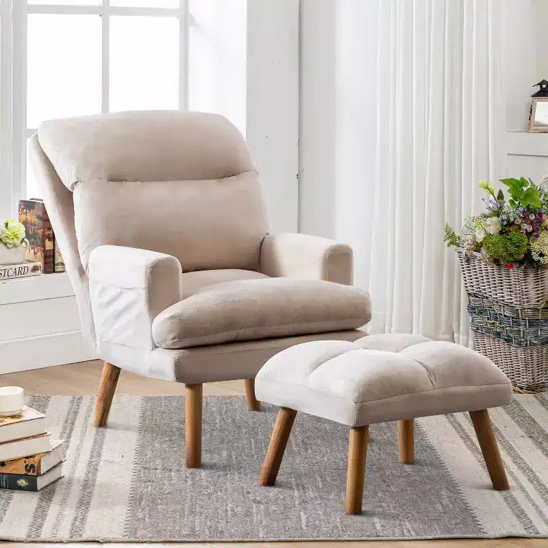 Accent Chair with Ottoman, Velvet Armchair with Adjustable Backrest and Side Pocket