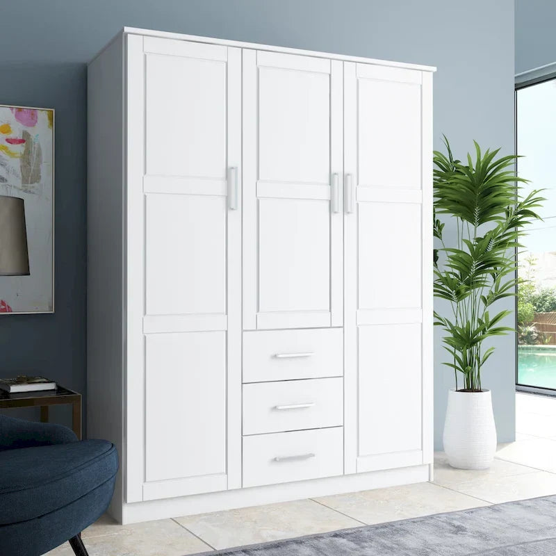 3-Door Solid Pine Wood Wardrobe Armoire, 72"H x 56"W, Mirrored or Panel Door, 3 Clothing Rods