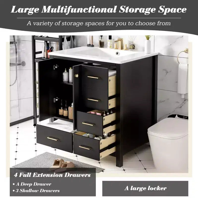 30-Inch Bathroom Vanity with Sink, Storage Drawers & Soft-Close Doors