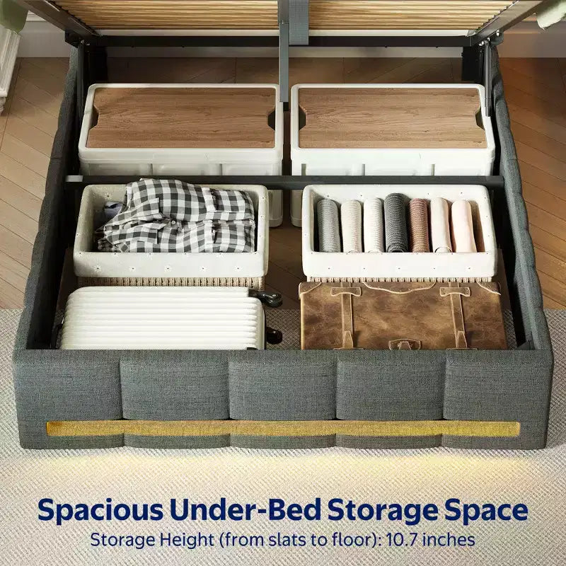 Greenstell Upholstered Lift Storage Bed with LED Lights & Charging Station, Modern Platform Bed, Heavy Duty Wooden Slats