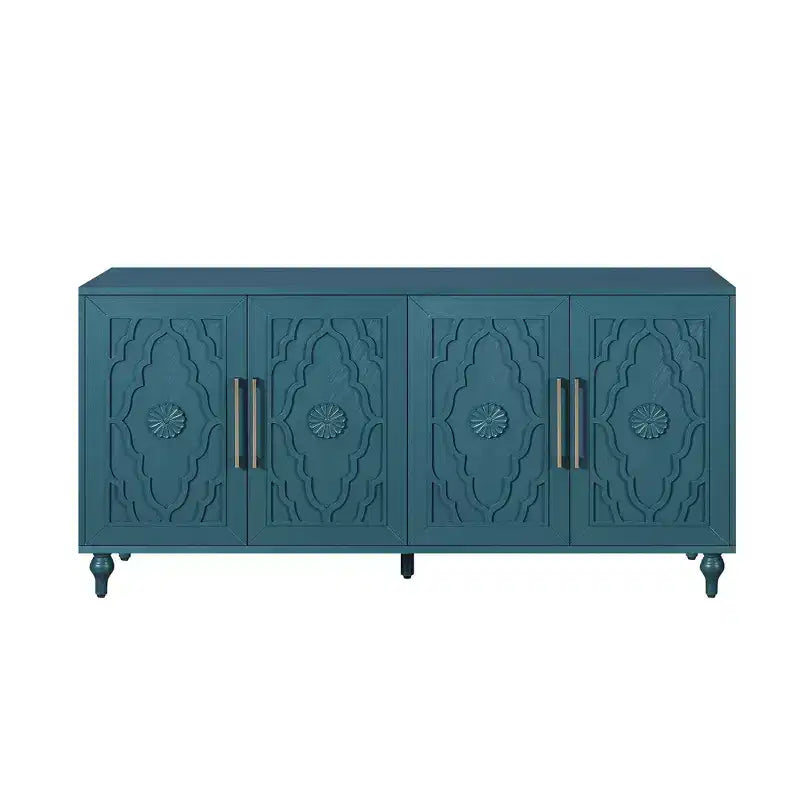 Large Storage Cabinet with Metal Handle, Carved Flower Doors, Wooden Mordern Sideboard Console with Adjustable Shelves
