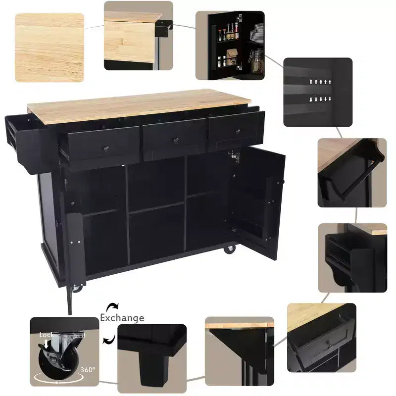 Kitchen Island With Storage Cabinet & 3 Drawers, Drop-Leaf Countertop, Rolling Cart With Locking Casters, Black