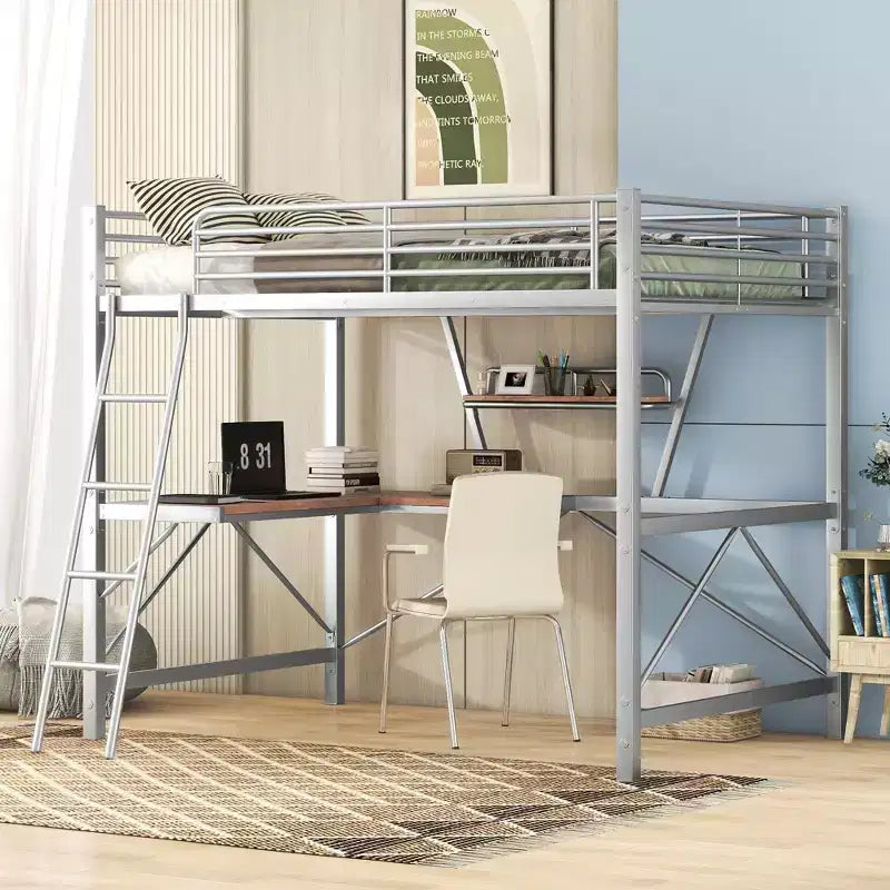 Metal Twin Size Loft Bed with Desk for Kids Teens, Hight Twin Loft Bed Frame with Small Shelf