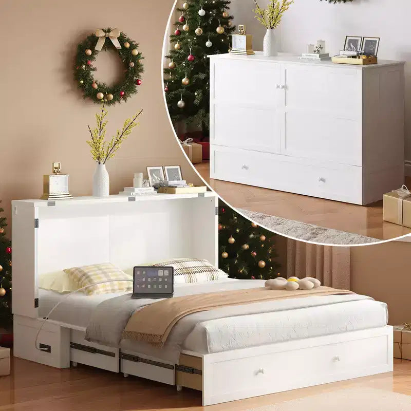 Murphy Bed Cabinet, Modern Murphy Bed Queen with Mattress, Built-in USB Charging Station & Drawers