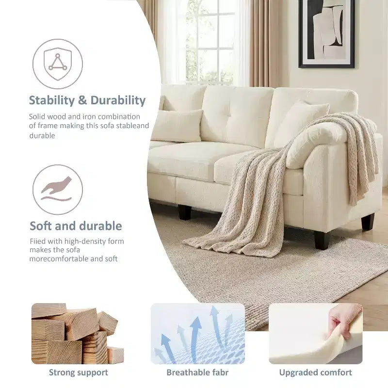 76.4-Inch Modern Three-Seater Sofa with Armrests and Pillows in Chenille Beige