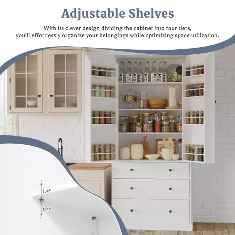 Freestanding Kitchen Pantry Organizer, Cabinet with 3-Adjustable Shelves, 3-Drawers, 8-Door Inner Shelves
