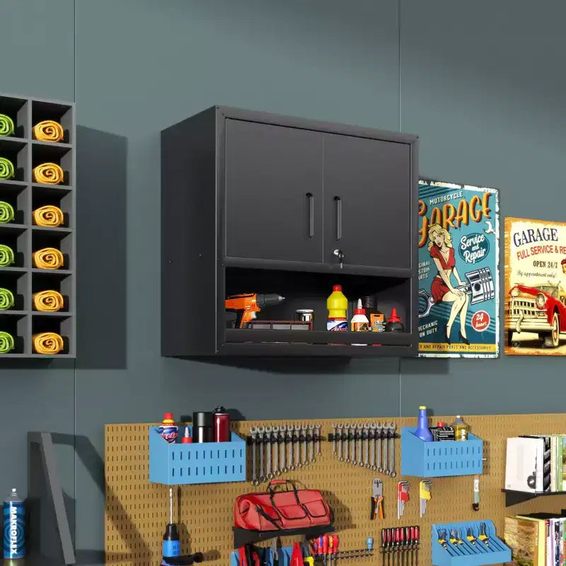 VIYET 30H Wall-Mounted Steel Cabinet - Locking Doors + Open Drawer + Adjustable Shelf, Cold-Rolled Steel, Garage/Office/Warehouse/Home/School