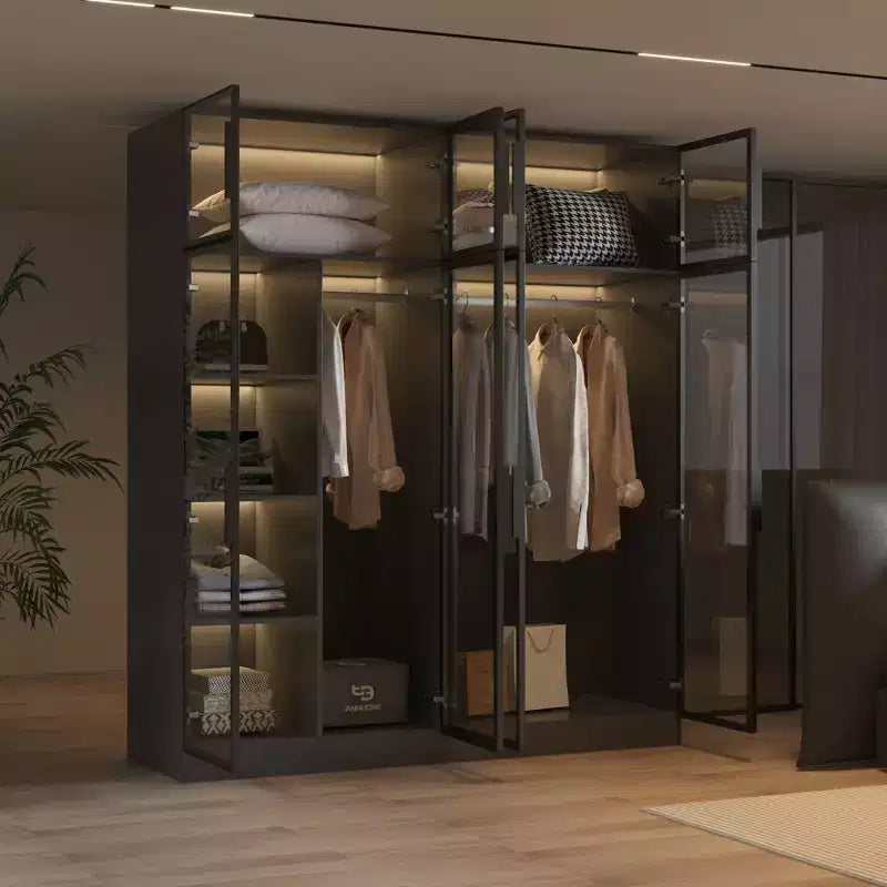 118" Floor-to-Ceiling Black Armoire Wardrobe with 3-Color LED Lights & Tempered Glass Doors