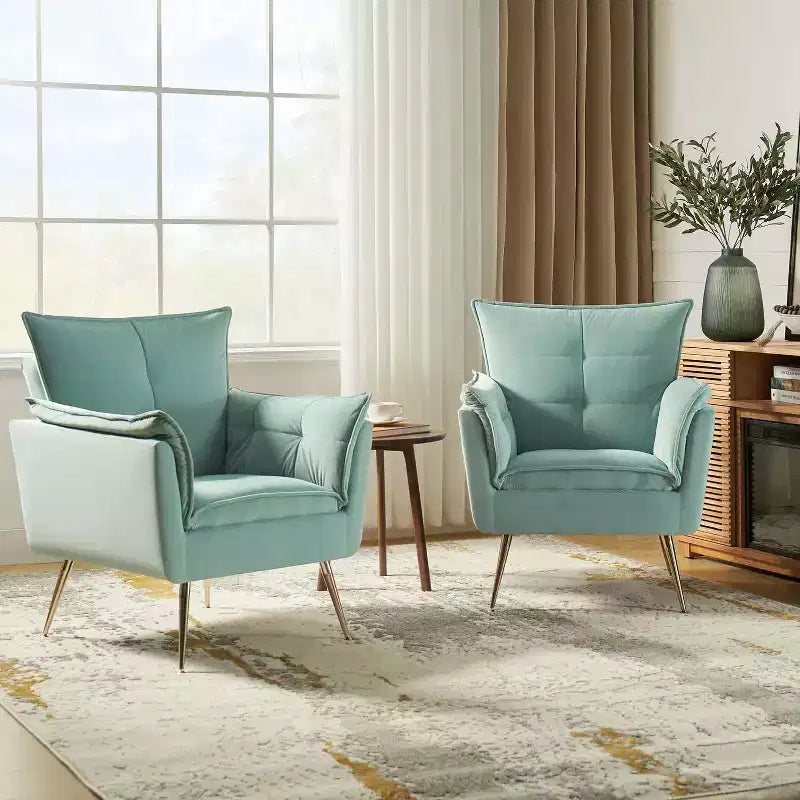 Set of 2 Jonat Contemporary Velvet Wooden Upholstered Armchair with Metal Legs for Bedroom and Living Room| ART OF LIVING DESIGNS