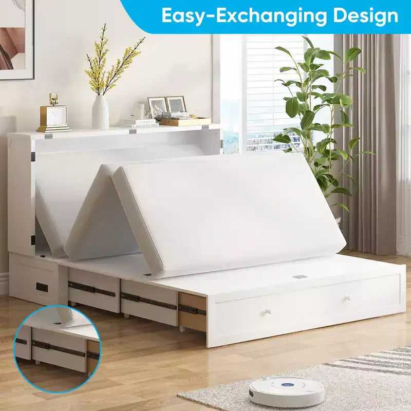 Murphy Bed Cabinet, Modern Murphy Bed Queen with Mattress, Built-in USB Charging Station & Drawers