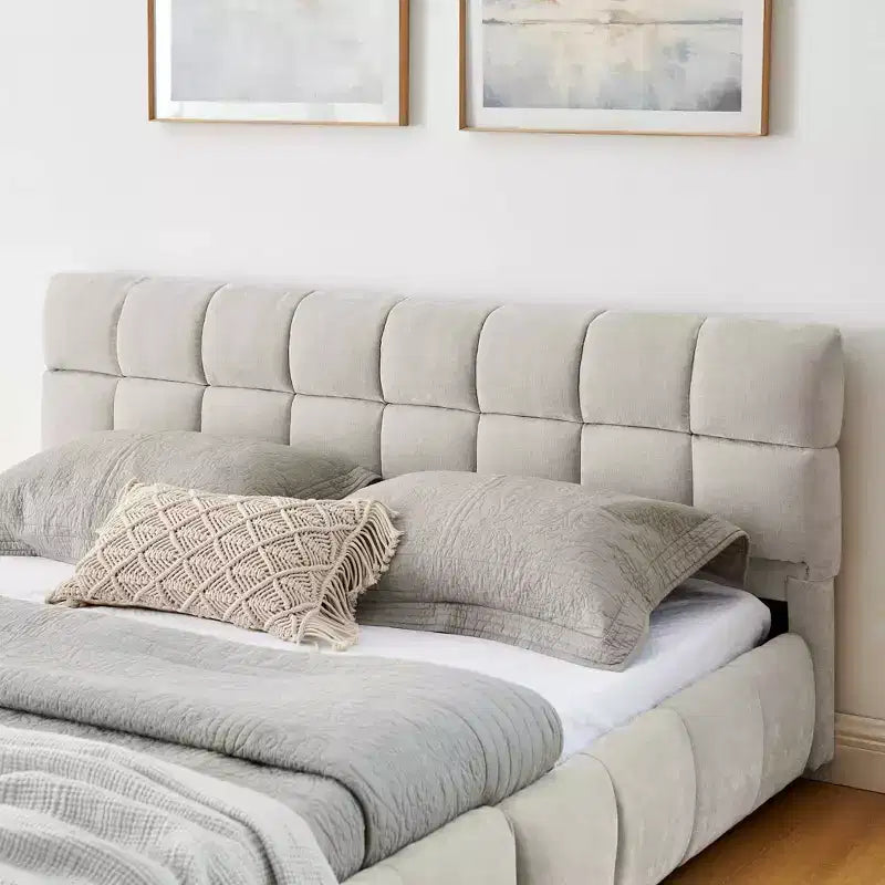 Queen Size Upholstered Bed with Headboard Chenille Fabric Solid Bed Frame Drawer for Bedroom, Beige