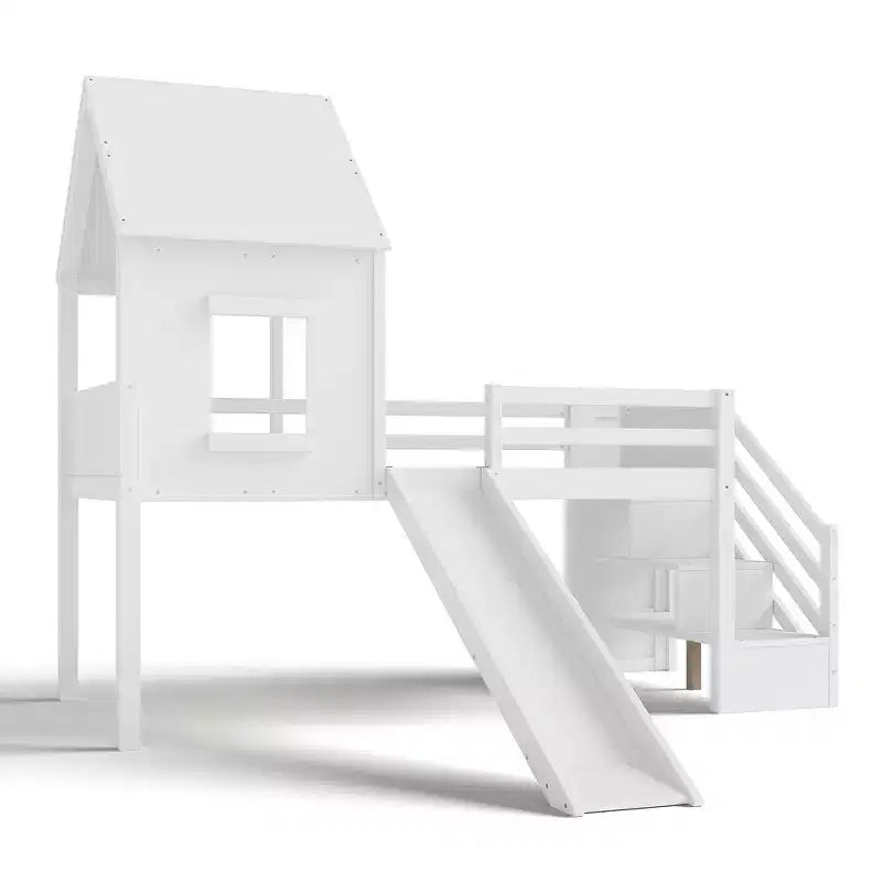 Twin Size Loft Bed with 3 Drawers & Storage Stair, Wooden House-style Bed Frame with Slide and Remevoable Desk