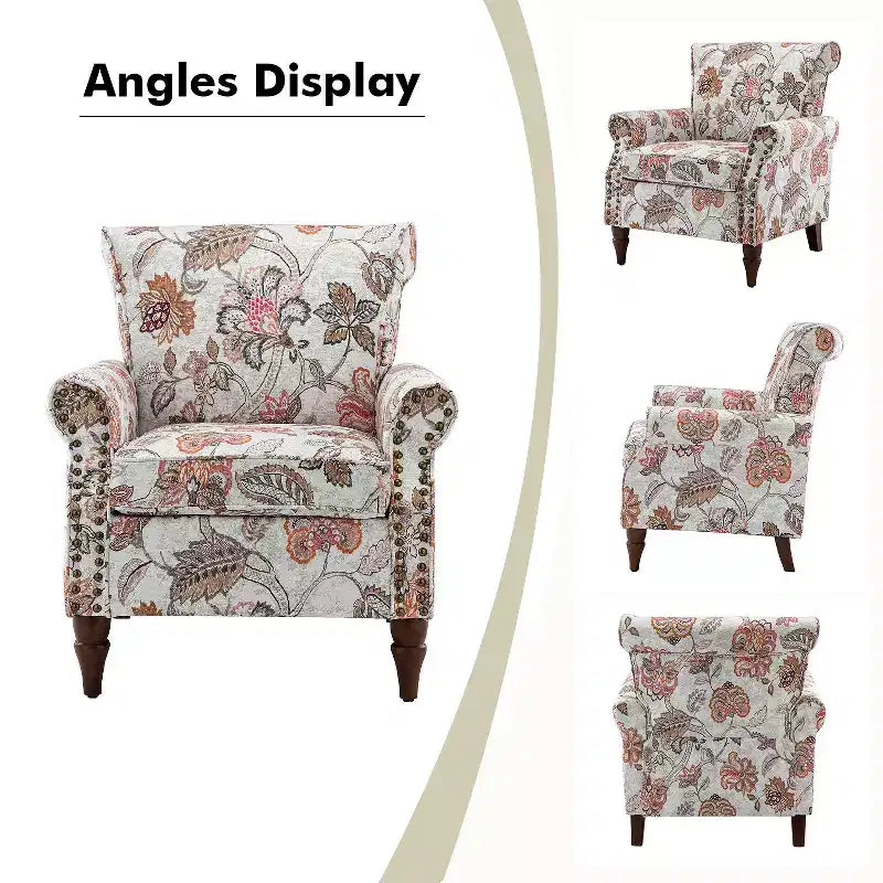 Traditional Wooden Upholstered Floral Armchair with Wingback and Nailhead Trim