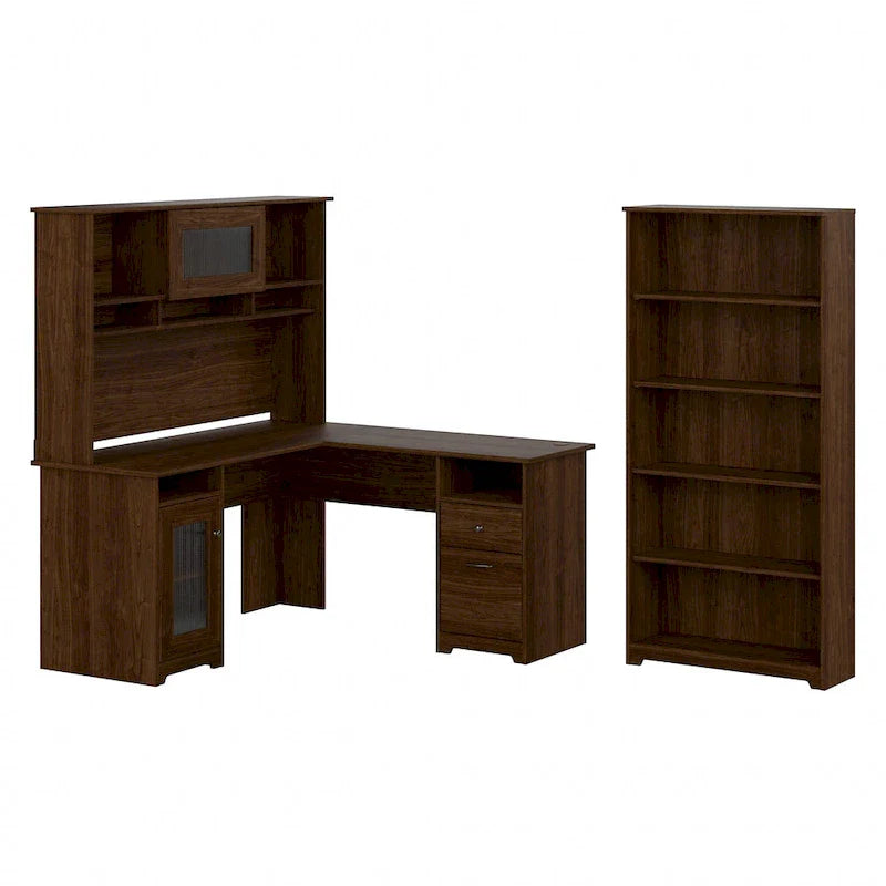 60" L-Shaped Computer Desk with Hutch, 5-Shelf Bookcase & File Drawer, 200 lb Desktop Capacity