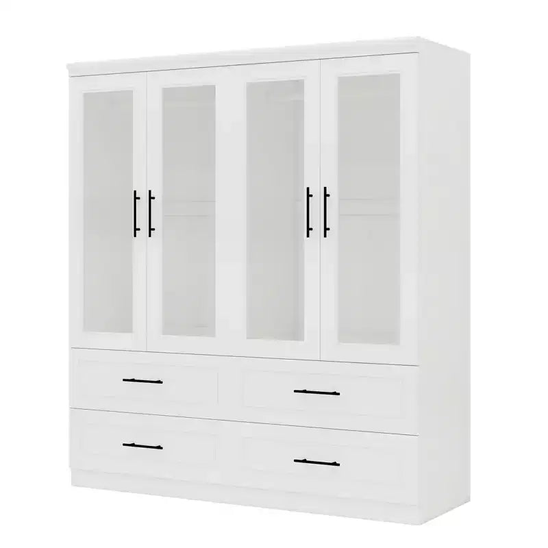 White Wood 63-Inch Armoire with 4 Drawers and 4 Doors, Bedroom Wardrobe Cabinet