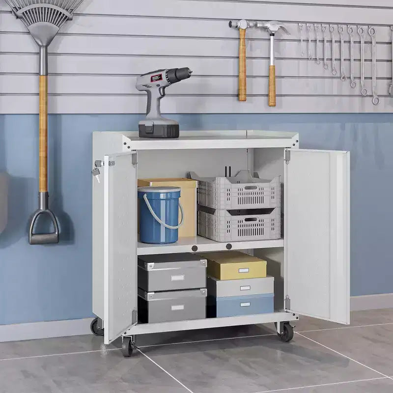 Manhattan Comfort Fortress 3pc Mobile Space Saving Garage Cabinet and Worktable Set 3.0 White