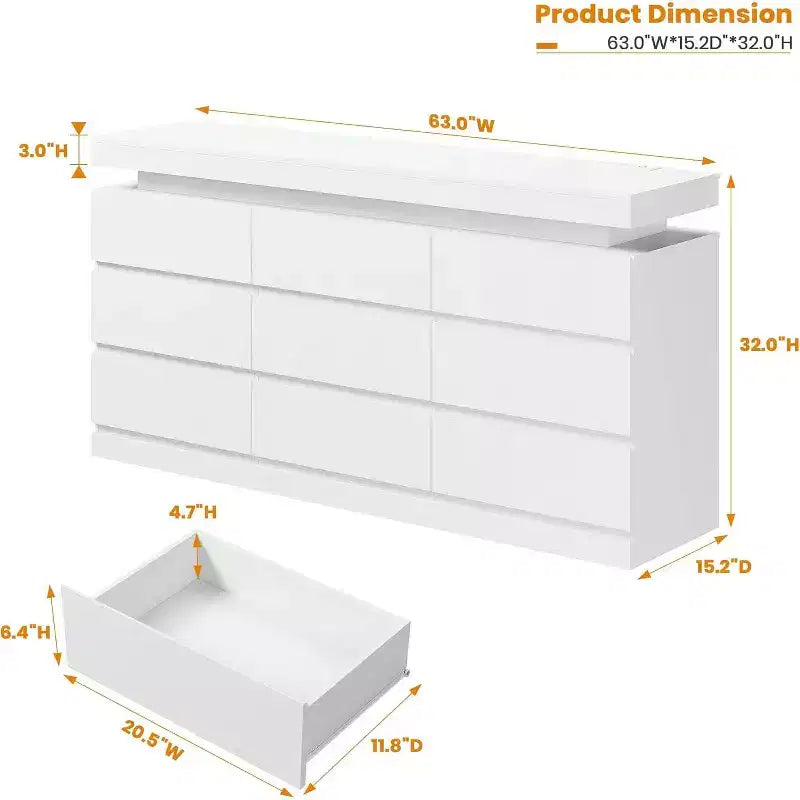 Acekool 9 Drawer Dresser with Ports and Outlets, 63 Inch Wide Chest of Drawers and TV Stand, Bedroom Storage Cabinet