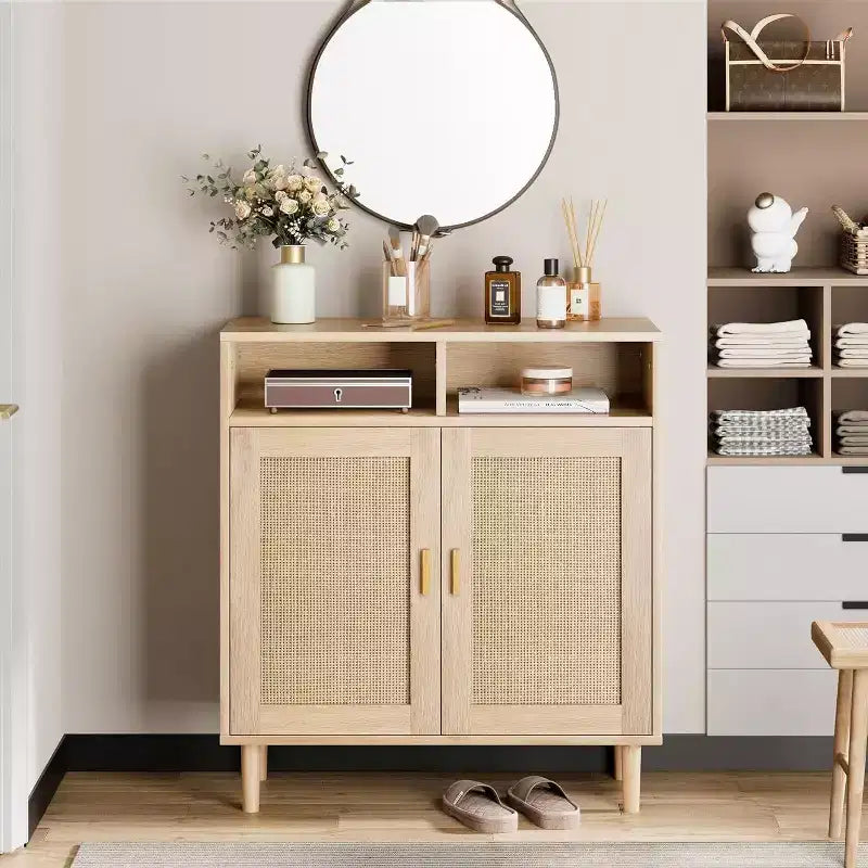 Rattan Sideboard Buffet Cabinets - 2-Door Storage with Shelf, Modern Dining Room, Coffee Bar Furniture, 36H