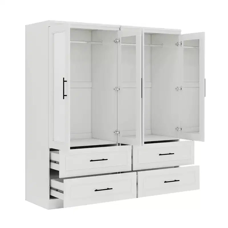 White Wood 63-Inch Armoire with 4 Drawers and 4 Doors, Bedroom Wardrobe Cabinet