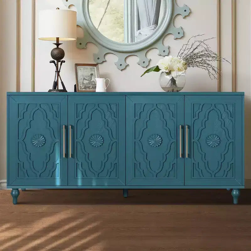 Large Storage Cabinet with Metal Handle, Carved Flower Doors, Wooden Mordern Sideboard Console with Adjustable Shelves