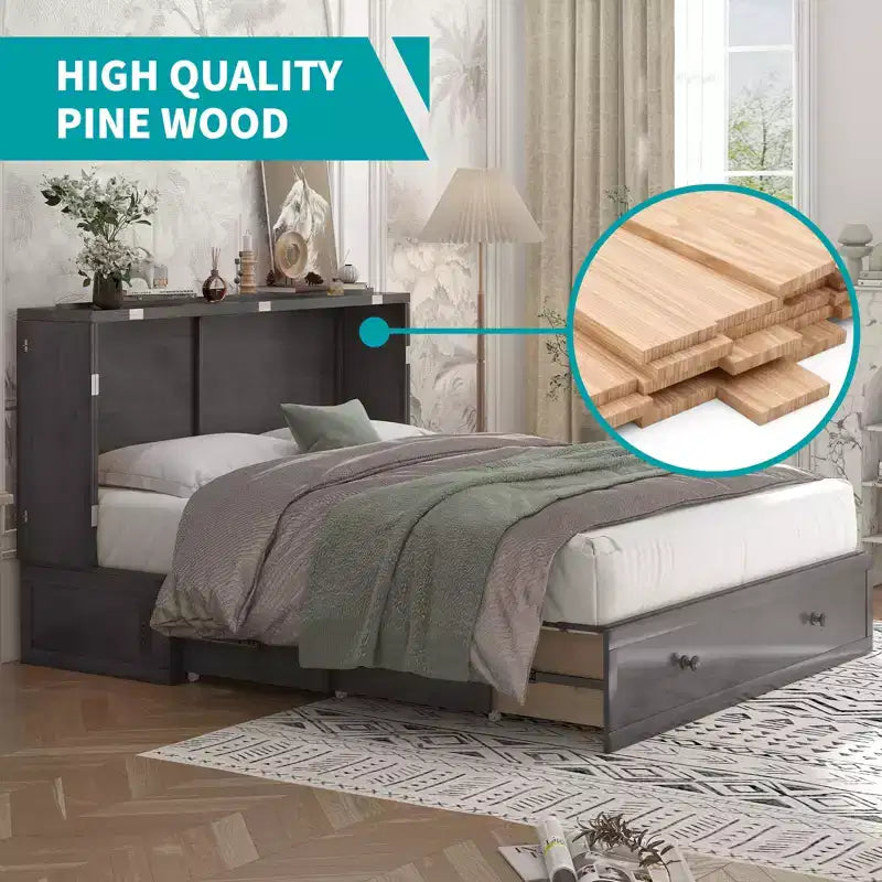 Murphy Bed Cabinet, Modern Murphy Bed Queen with Mattress, Built-in USB Charging Station & Drawers