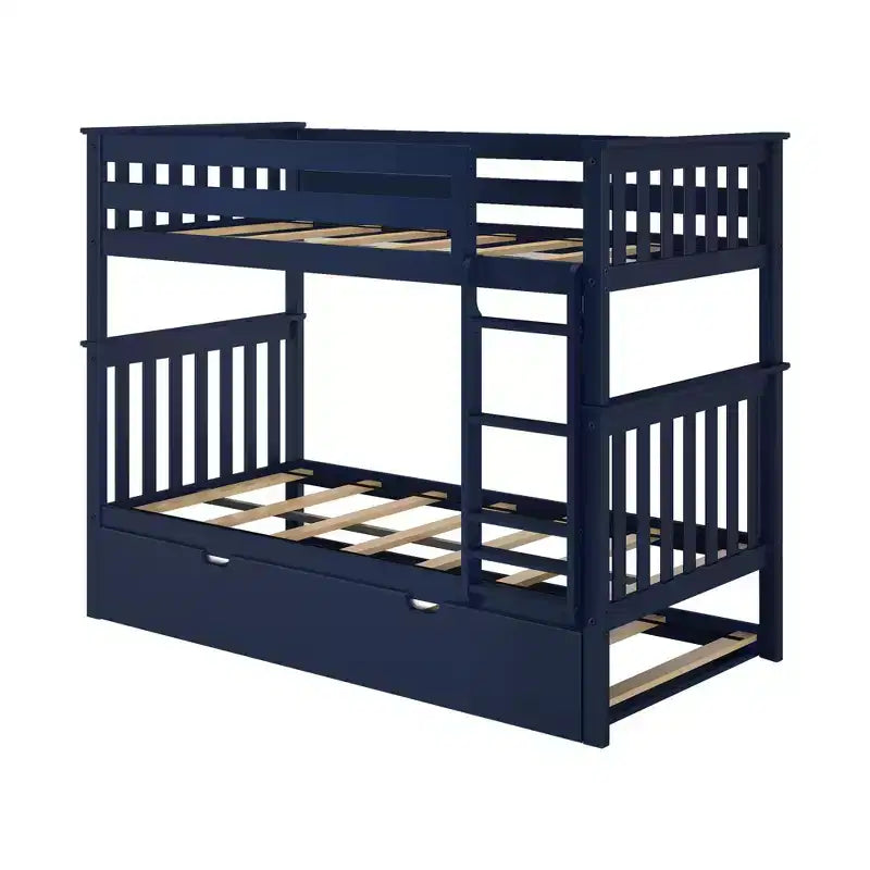 Twin over Twin Bunk Bed with Trundle, Solid Wood, Sleeps 3 – Blue / Espresso / Natural / Pecan / Walnut / White