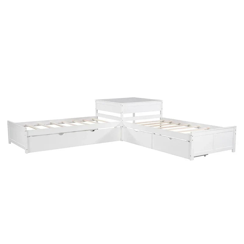 White Modern Twin Size L-shaped Platform Bed with Trundle and Drawers for Bedroom