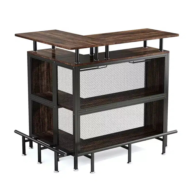 L-Shaped Corner Home Bar Cabinet with Wine Glass Racks and Footrest