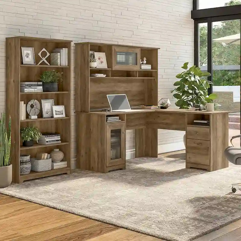 60" L-Shaped Computer Desk with Hutch, 5-Shelf Bookcase & File Drawer, 200 lb Desktop Capacity