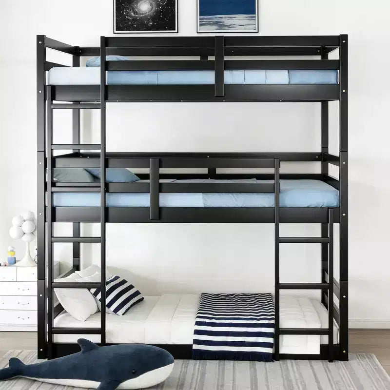 Twin Triple Wood Bunk Bed with 2 Built-in Ladders, Detachable into 3 Twin Beds
