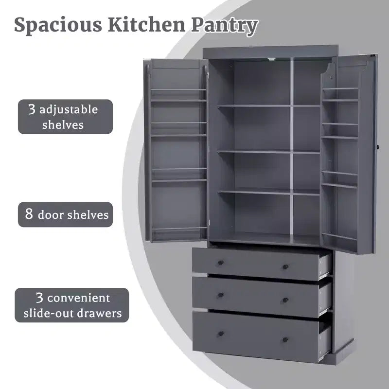 Freestanding Kitchen Pantry Organizer, Cabinet with 3-Adjustable Shelves, 3-Drawers, 8-Door Inner Shelves