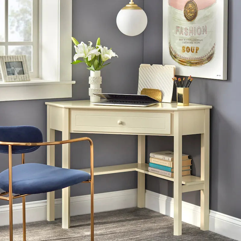 Corner Computer Desk with Drawer & Lower Shelf, Solid Wood & MDF, 42"W x 28"D x 30"H