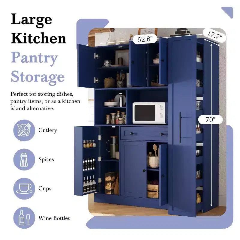 Kitchen Pantry Cabinet with Hutch and Pull-Out Side Cabinet