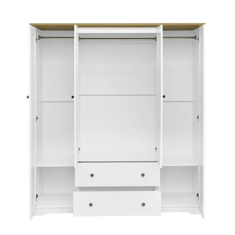 4 Door Wardrobe Armoire Closet with 2 Drawers, Freestanding Wardrobe Clothes Storage Cabinet with Hanging Rods