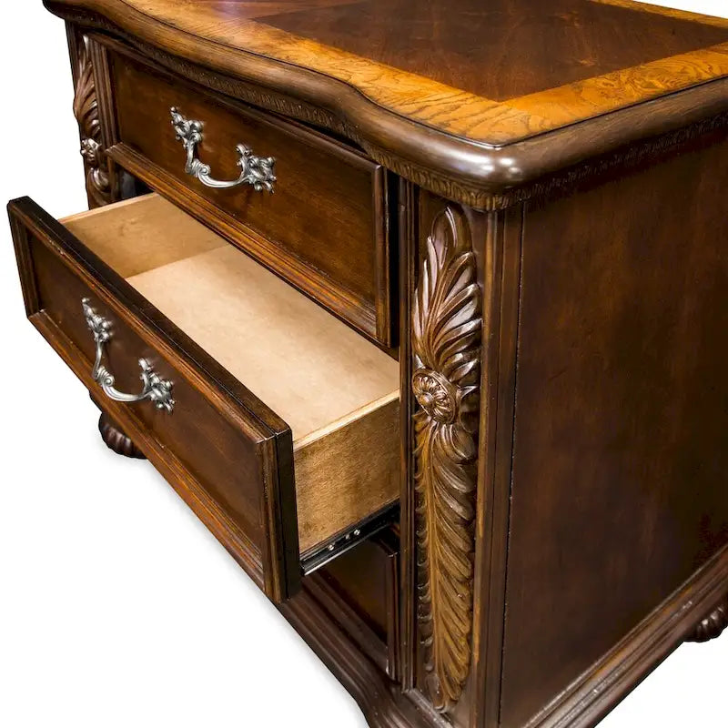 Cherry Solid Wood 3-Drawer Nightstand with Carved Palm Leaf Details