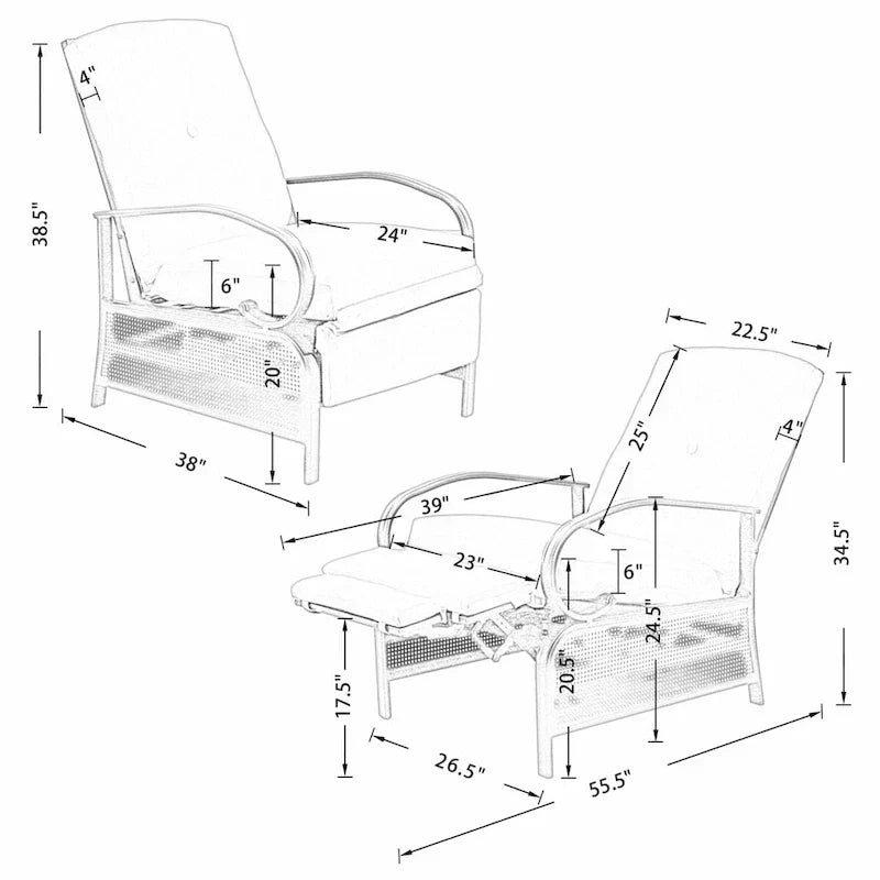 Adjustable Recliner Lounge Chair Patio Lounge Sofa with Cushion - 38 (D) x 26.5 (W) x 38.5 (H) INCH