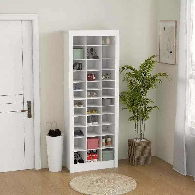 71 Narrow Shoe Cabinet for Entryway Tall Shoe Rack Storage Organizer with 3 Heights of Open Cubes for 36 Pairs of Shoes for Hallway White